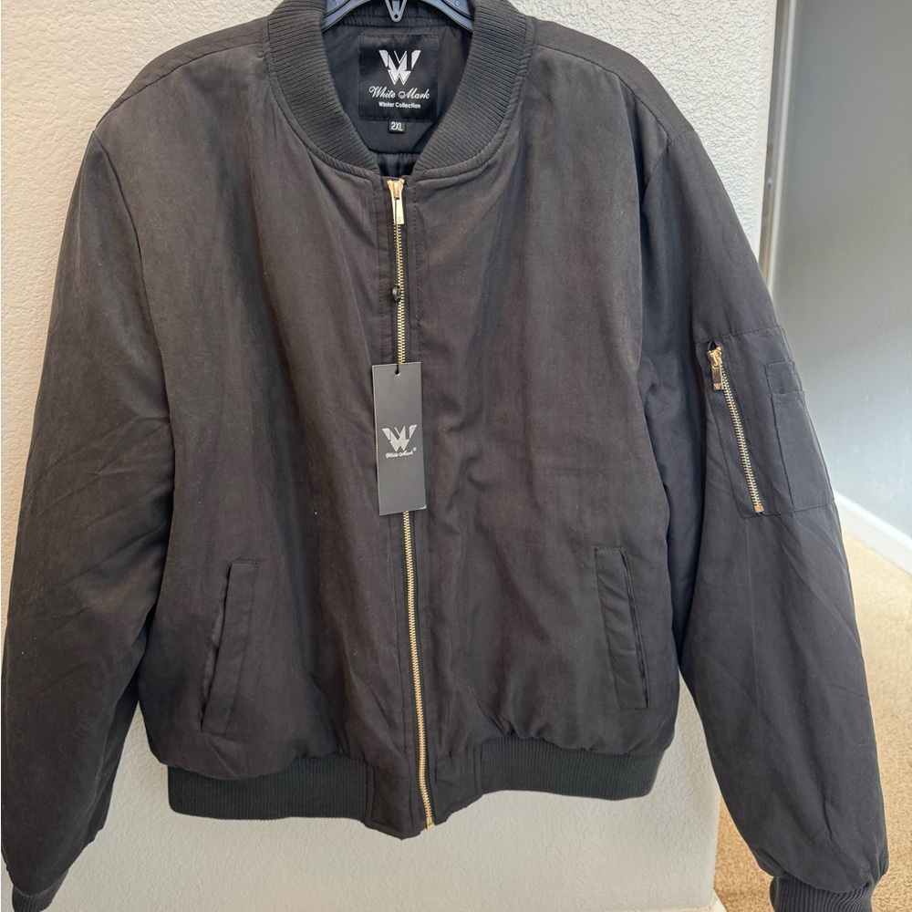 White Mark Black Bomber Jacket with Ribbed Details